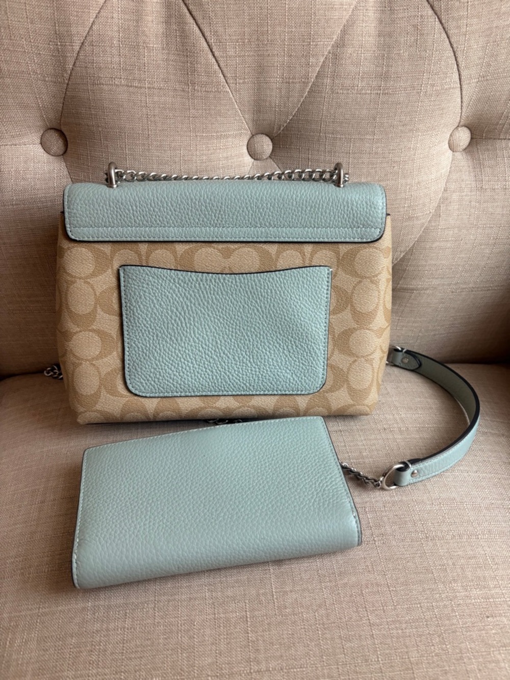 Coach Signature Canvas Crossbody with Light Blue Leather Trim and Wallet - Picture 3 of 6